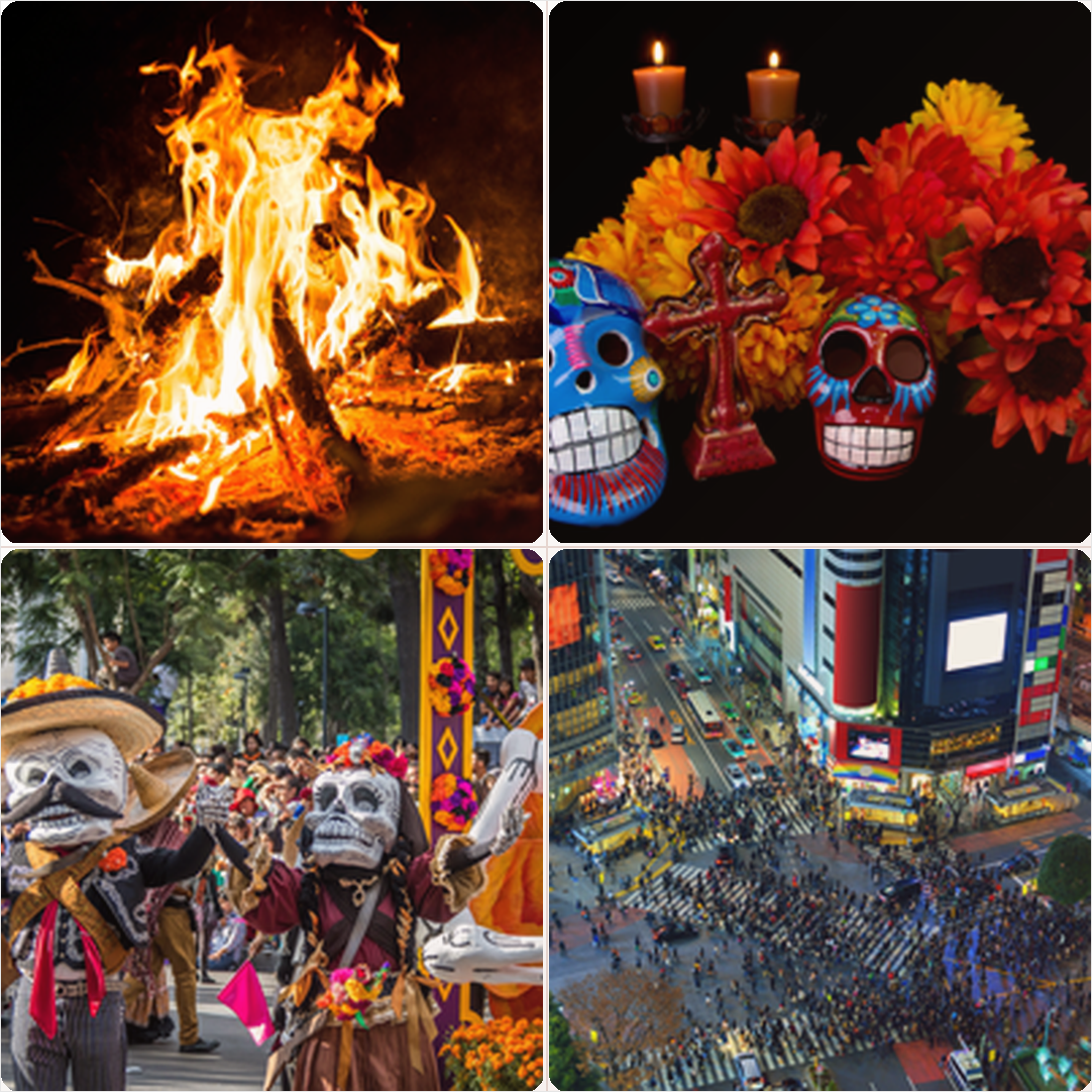 Global Halloween traditions: bonfires, Día de los Muertos, and Japanese street festivals